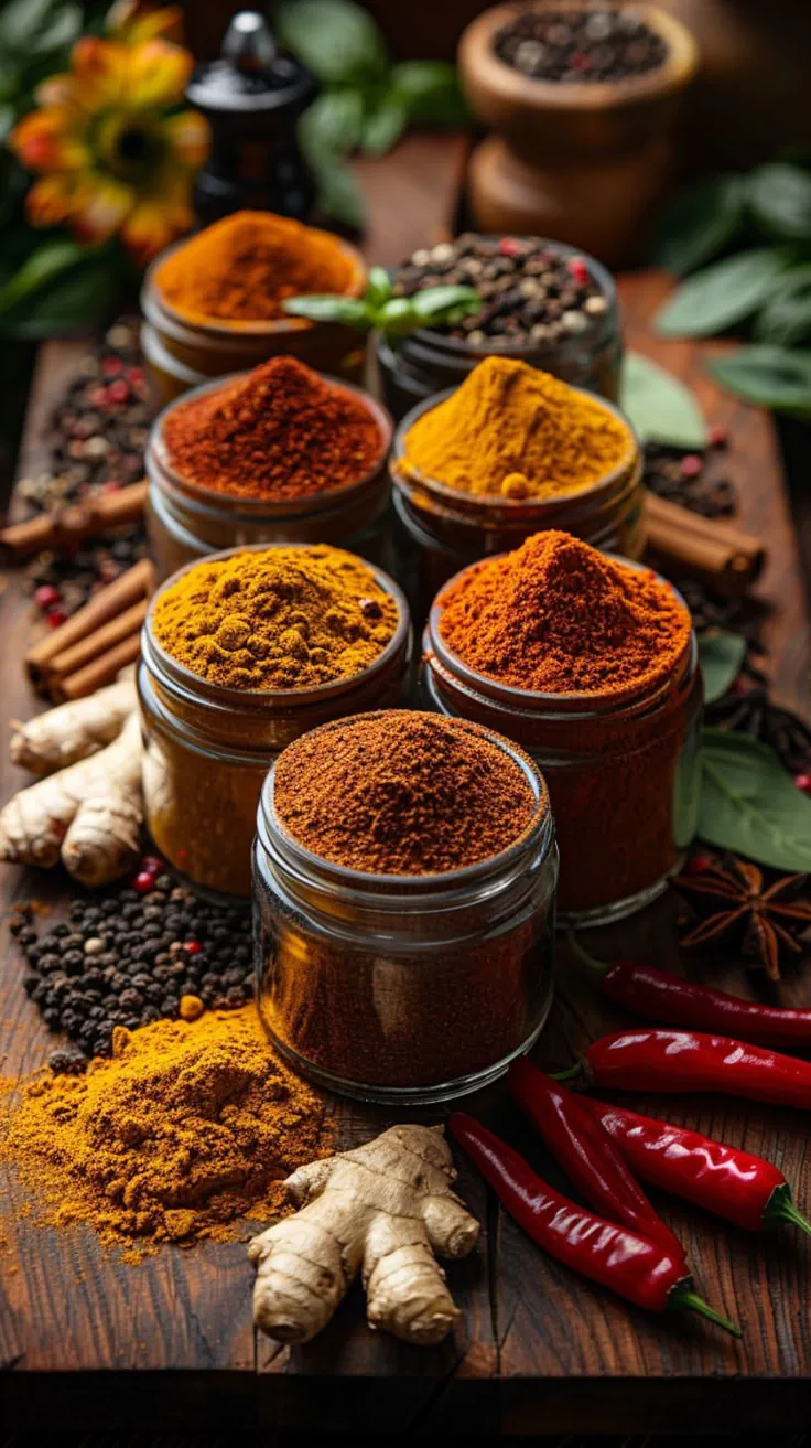 Premium ground spices in glass jars