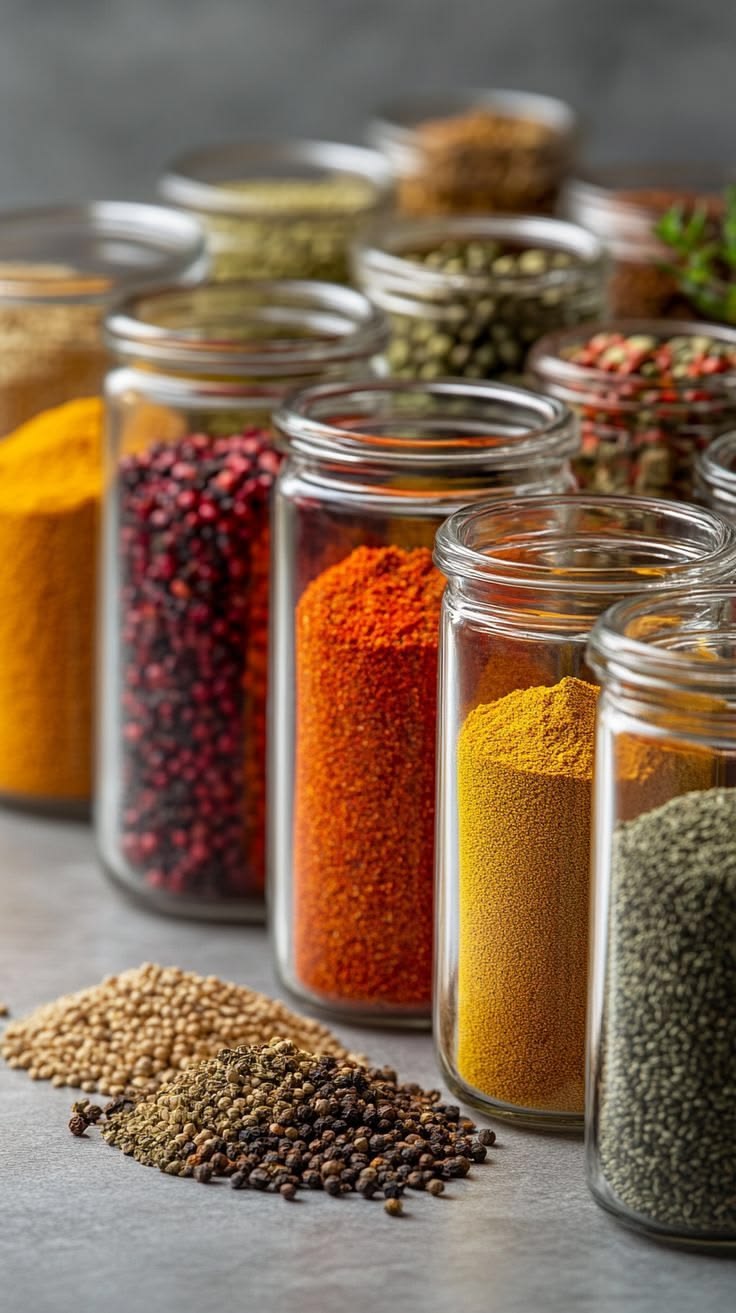 Graded spices in glass jars